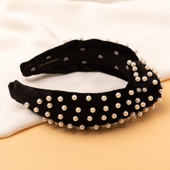 NEW Lele Sadoughi jet velvet white pearl knot Headband main image 4